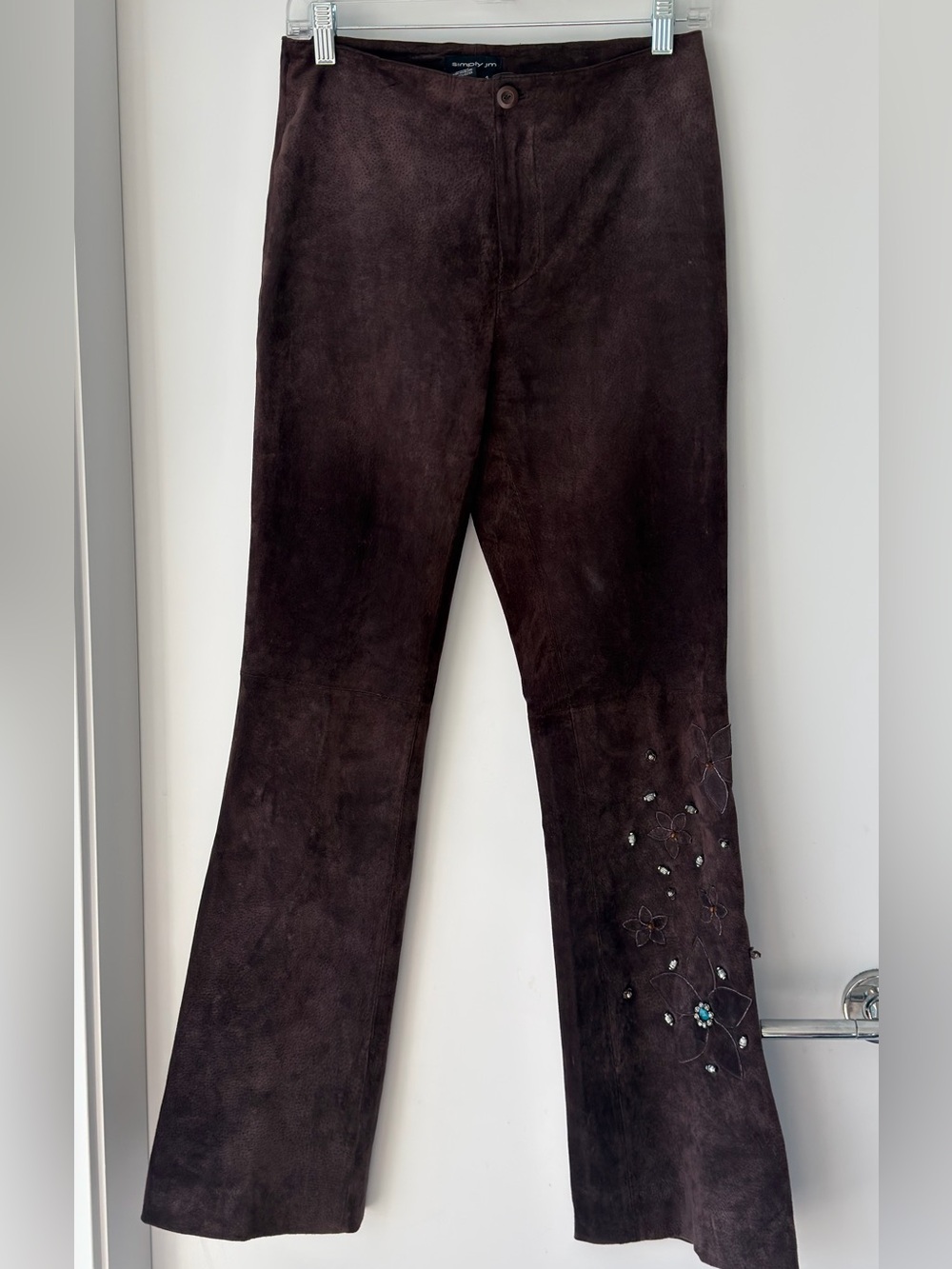 Brown Suede Embroidered Flare Pants